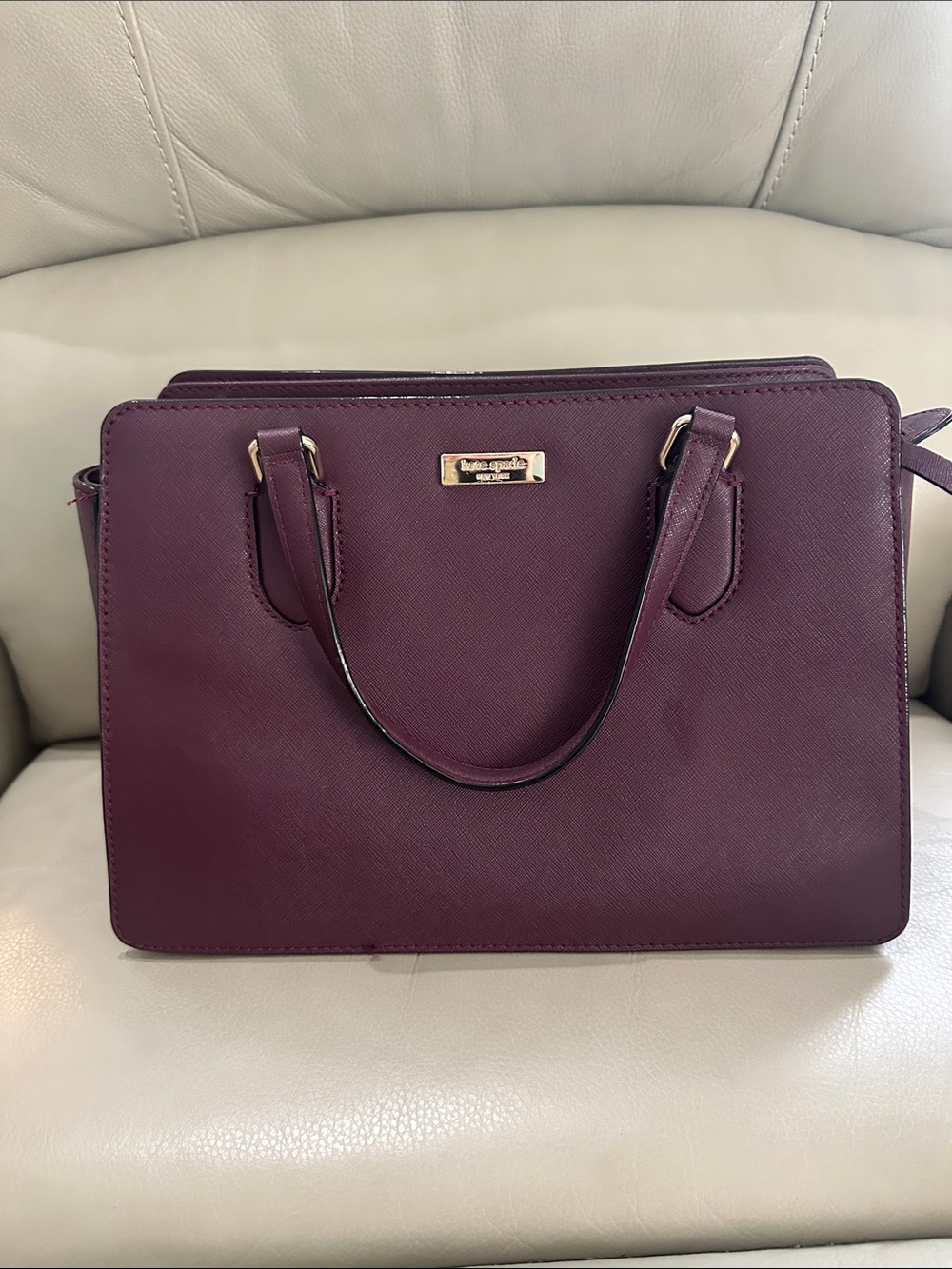kate spade plum Saffiano leather satchel with gold-tone hardware